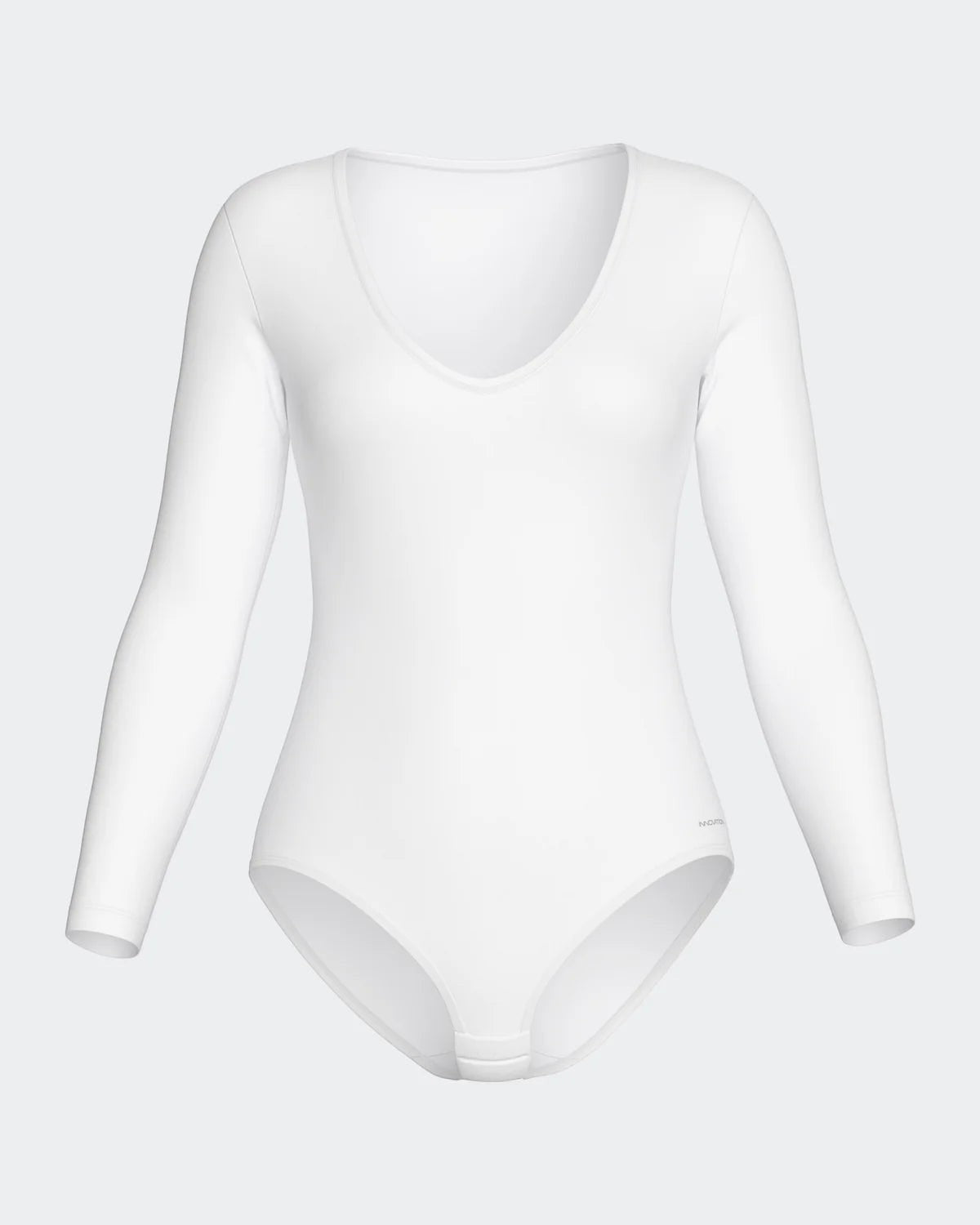 Maison Sarava white long sleeve V-neck bodysuit made from soft, breathable fabric for a smooth, second-skin feel.