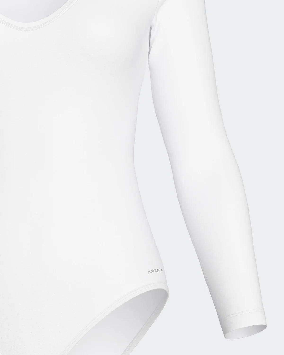 Maison Sarava white long sleeve V-neck bodysuit made from soft, breathable fabric for a smooth, seamless fit.