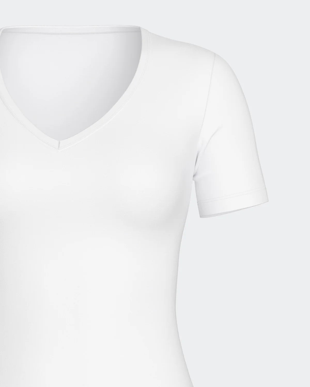 Maison Sarava white V-neck t-shirt made from a cotton and viscose blend with Outlast® technology for temperature regulation.