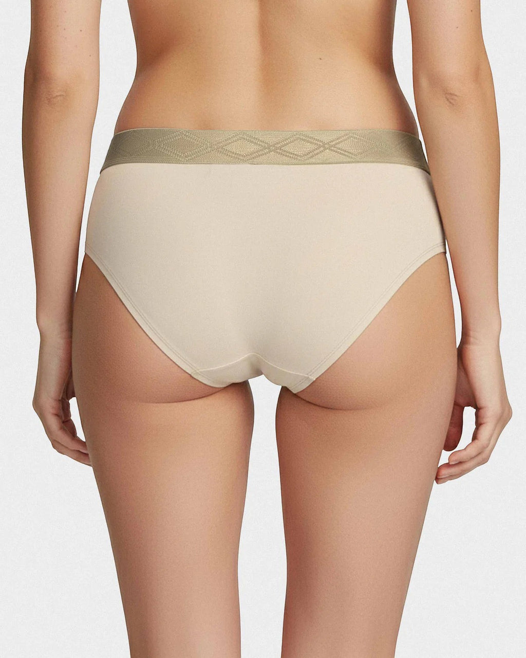 Maison Sarava women's beige briefs in Lyocell with a satin elasticated waistband featuring a diamond pattern.