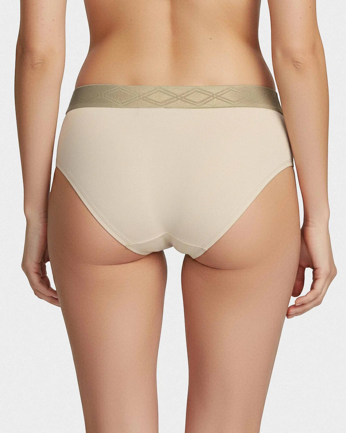 Maison Sarava women's beige briefs in Lyocell with a satin elasticated waistband featuring a diamond pattern.