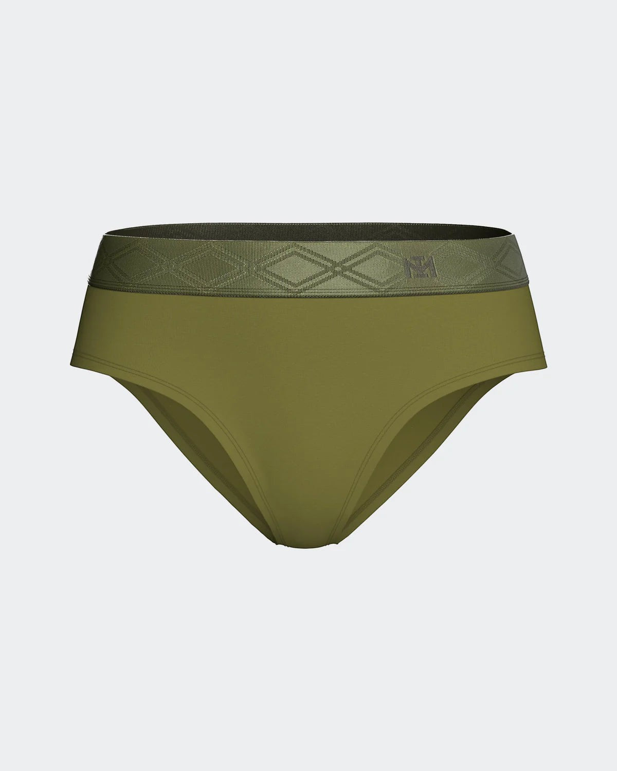 Maison Sarava women's olive green briefs made from TENCEL Lyocell with a patterned satin elasticated waistband.