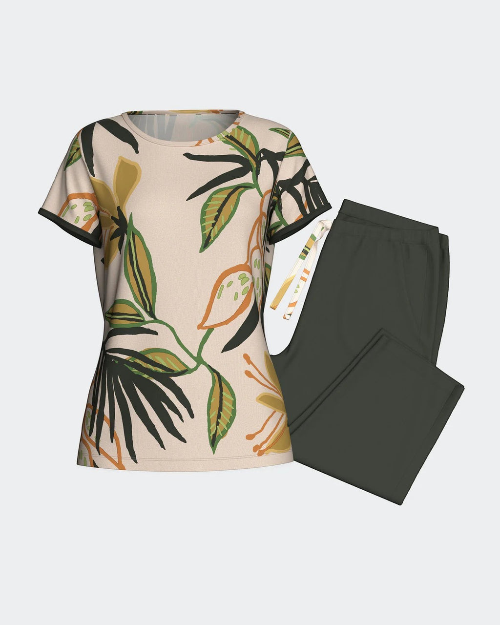 Maison Sarava women's short-sleeved lounge top with tropical print and plain capri trousers in dark green, made from TENCEL Lyocell.