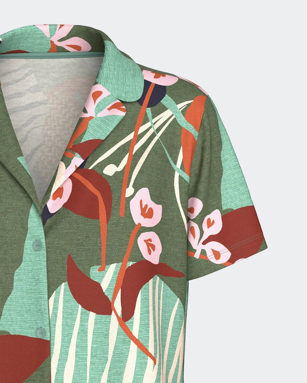 Maison Sarava women's green modal short sleeve lounge set with botanical print, lapel collar, and front buttons.