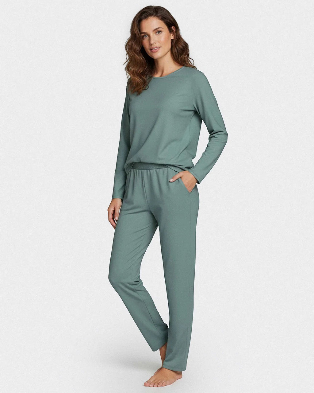 Maison Sarava women's sage green modal long sleeve lounge set with crew neck and side pockets.