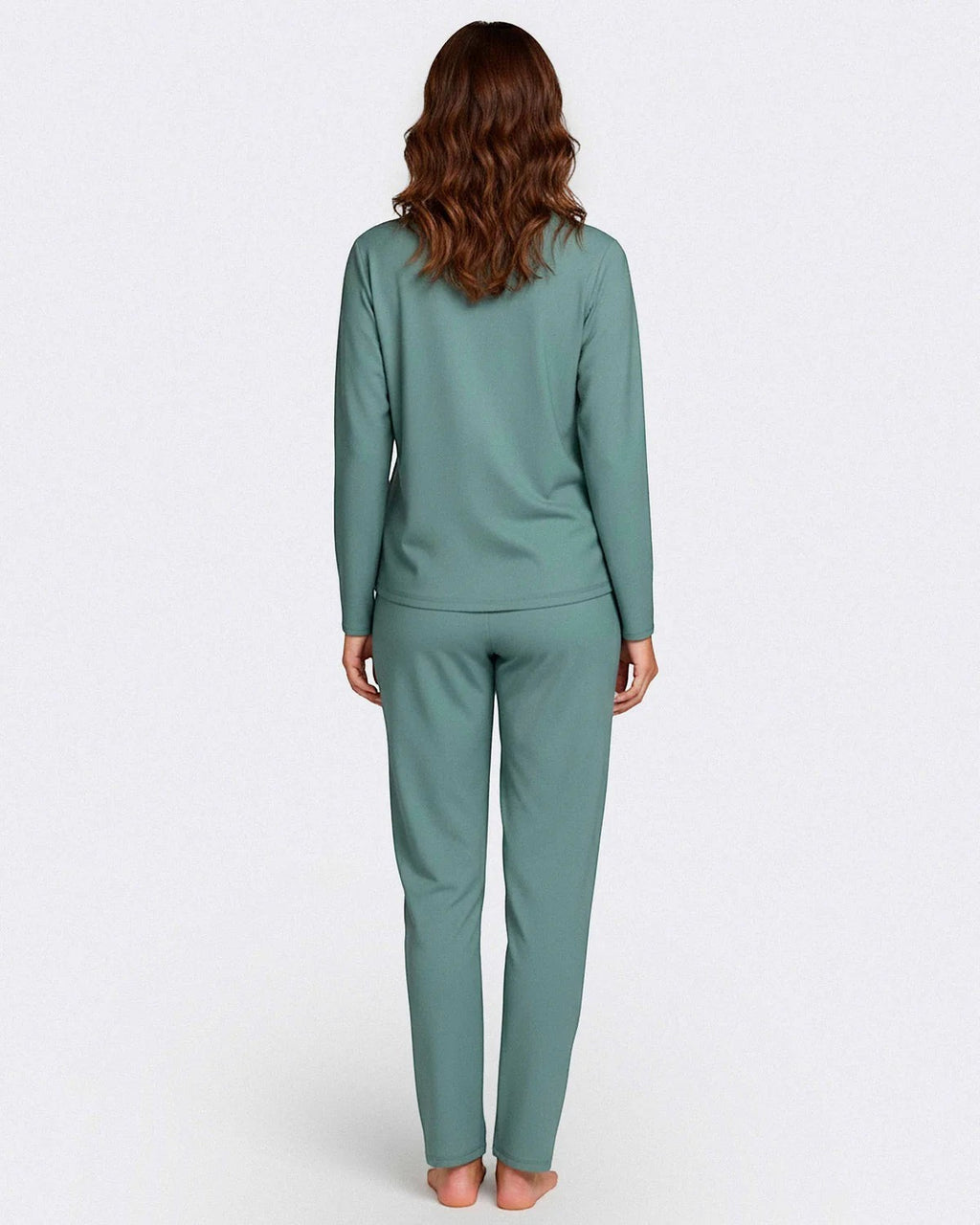 Maison Sarava women's sage green modal long sleeve lounge set with side pockets and satin waistband.