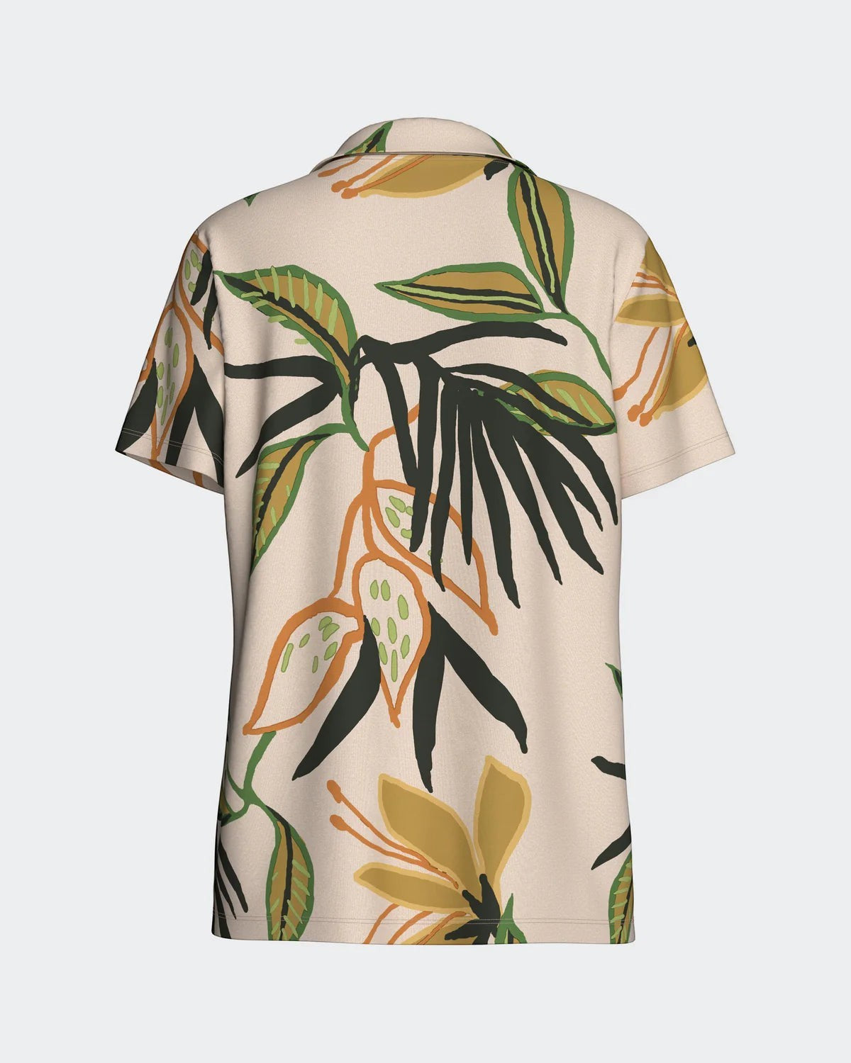 Maison Sarava women's short-sleeved lounge set in modal with a tropical print, lapel collar, and button front.