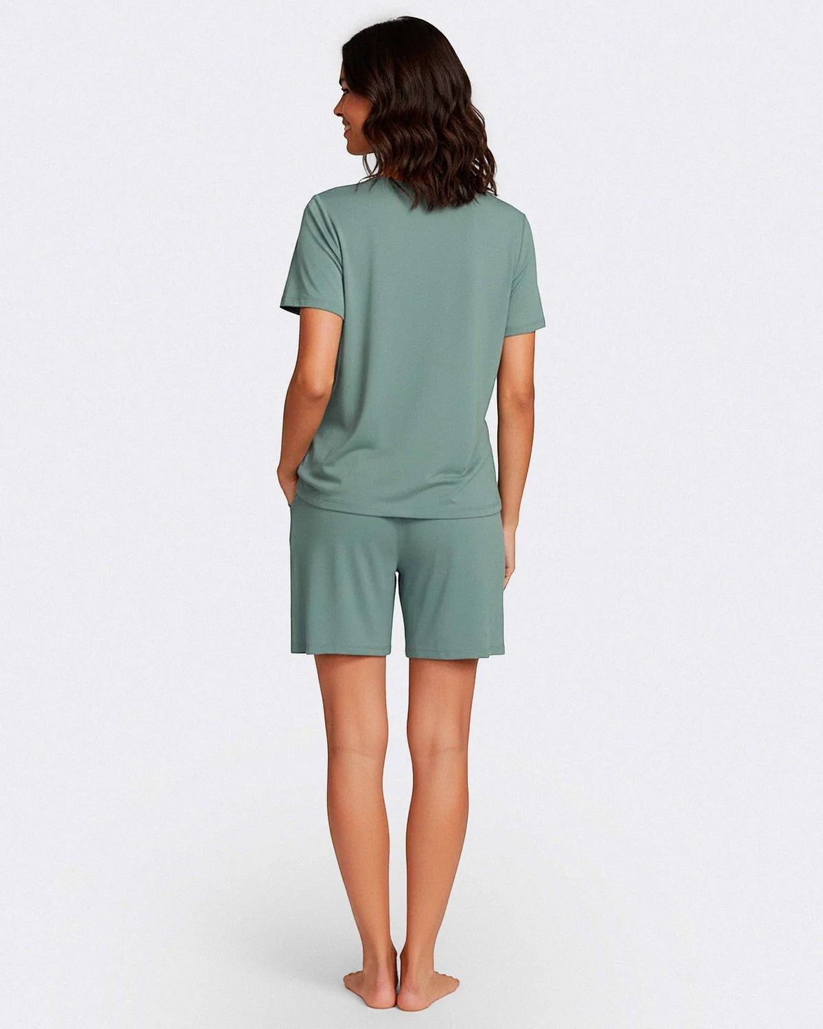 Maison Sarava women's sage green modal short sleeve lounge set with plain t-shirt and shorts with pockets and satin waistband.