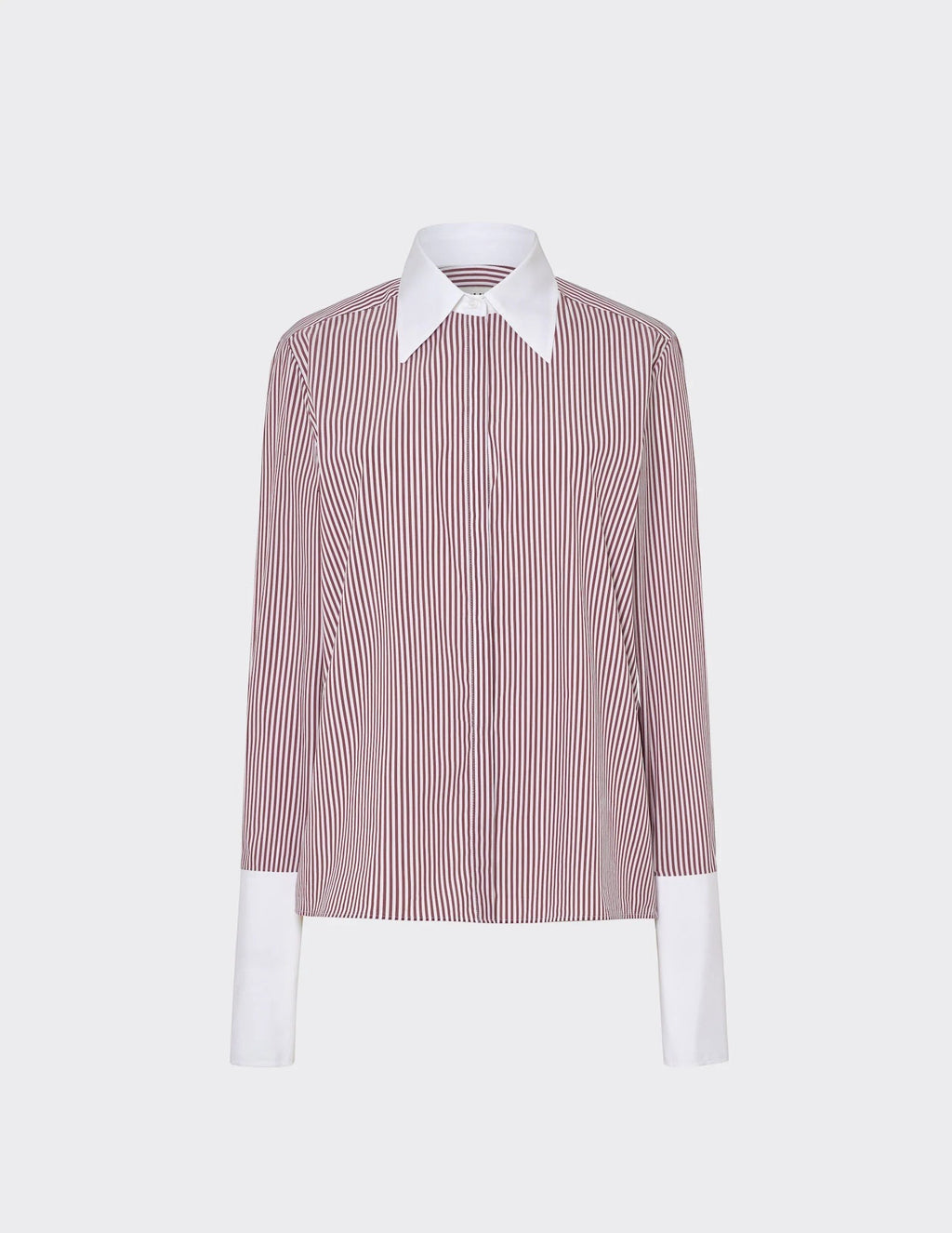 Maison Sarava women's fitted red and white striped shirt with a pointed contrast collar and cuffs.