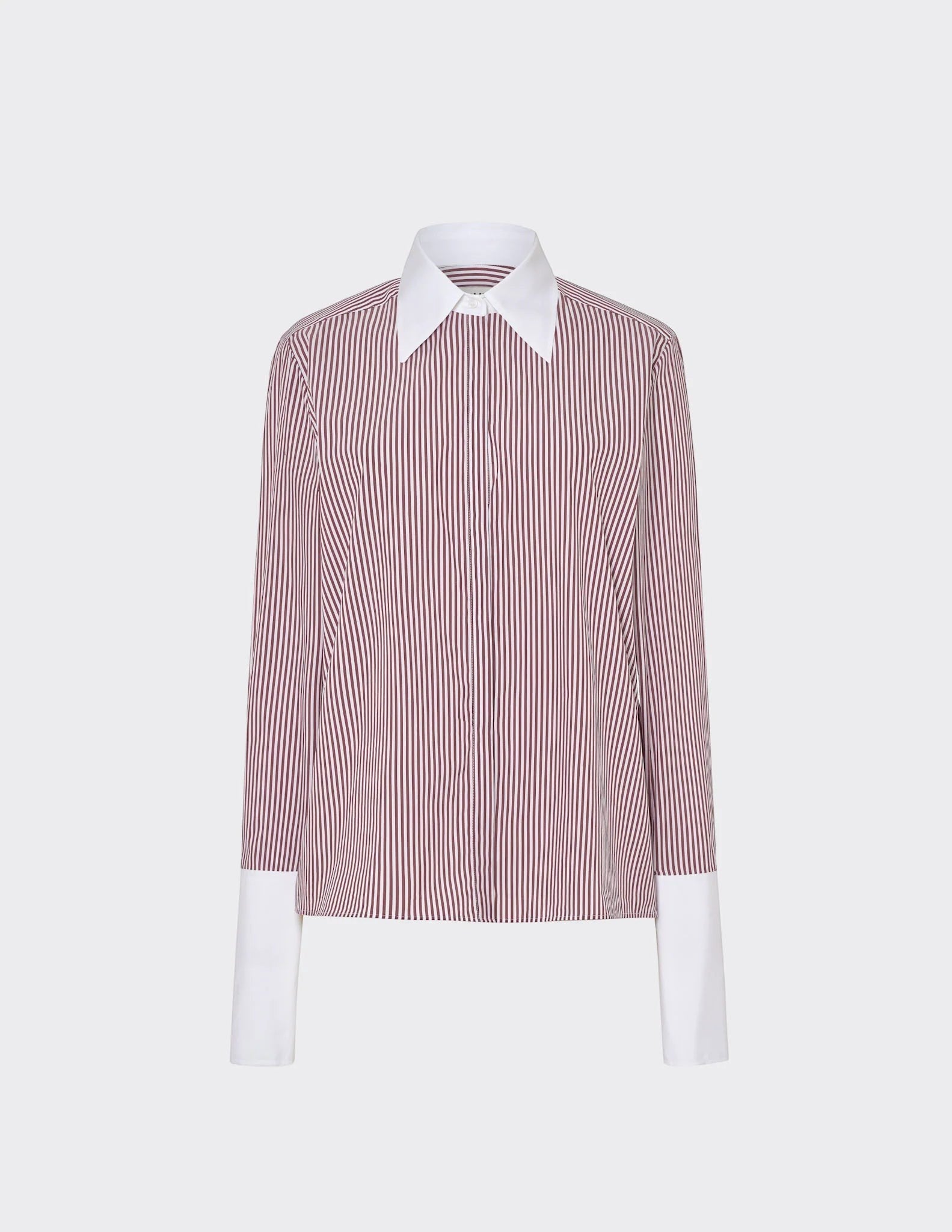 Maison Sarava women's fitted red and white striped shirt with a pointed contrast collar and cuffs.