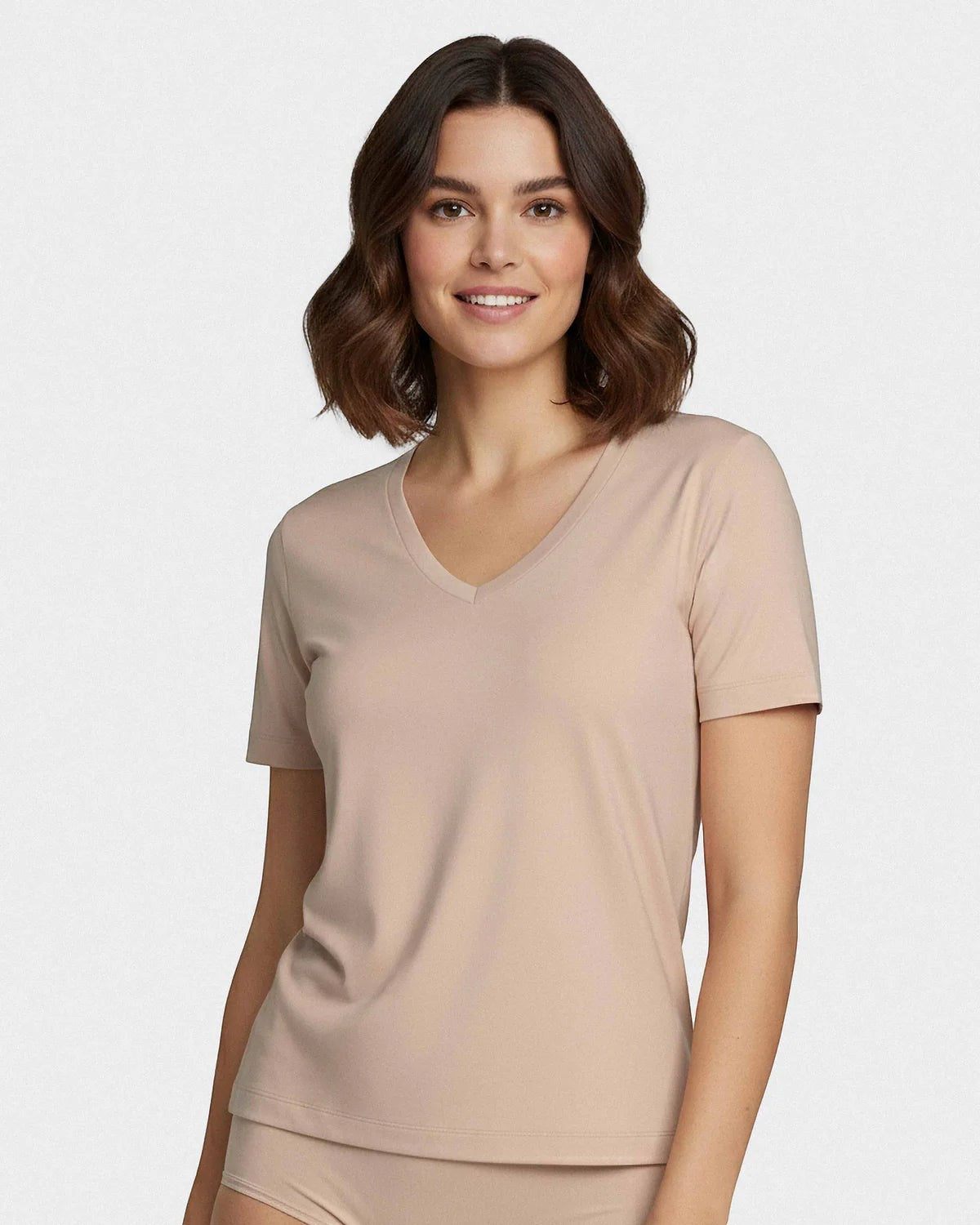 Maison Sarava women's soft premium T-shirt in beige, made from TENCEL Lyocell with a V-neck and short sleeves.