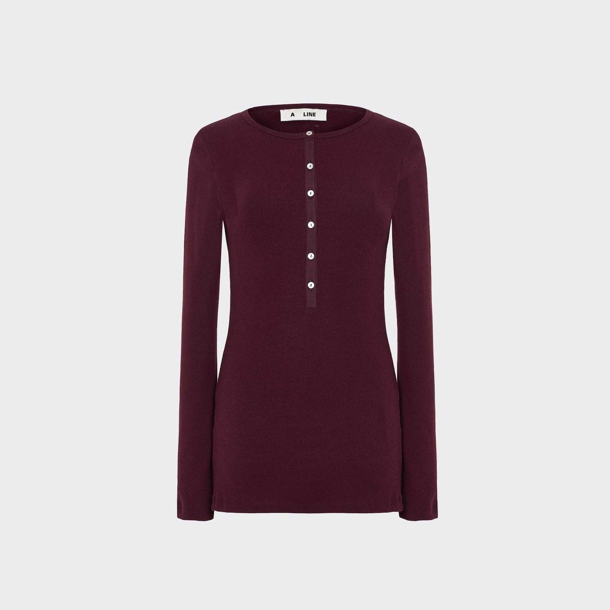 Women's Ribbed Henley Top in Windsor Wine — A Line Knitwear, Made in Europe | Maison Sarava
