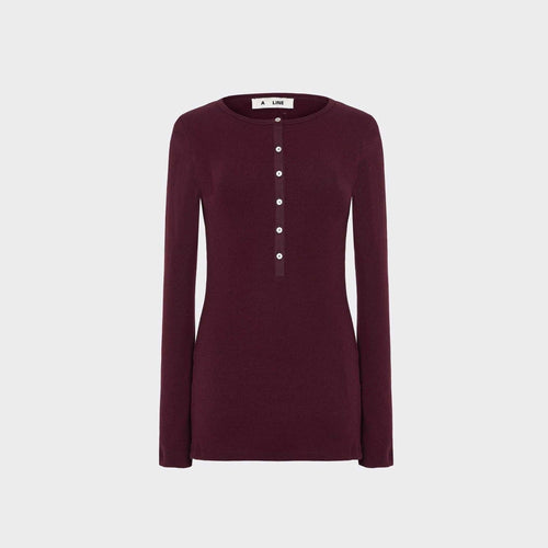 Women's Ribbed Henley Top in Windsor Wine — A Line Knitwear, Made in Europe | Maison Sarava